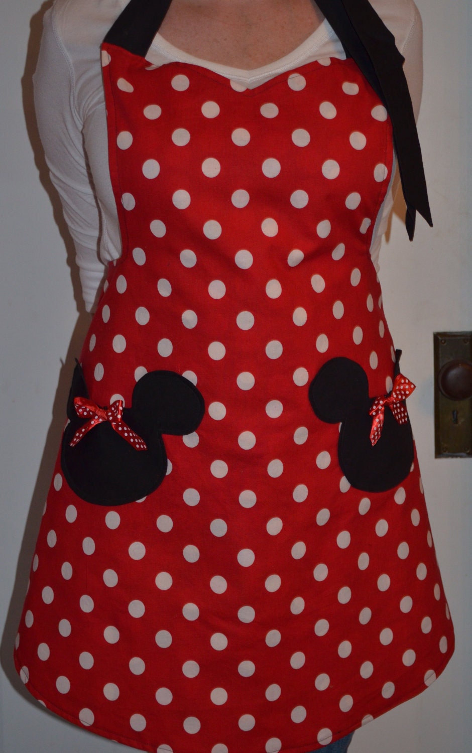 Womens Adorable Full Minnie Mouse Apron that is Reversible with Bright Polka Dots