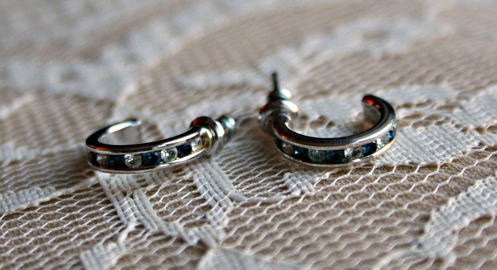 Tiny Blue and Crystal Hoop Studs