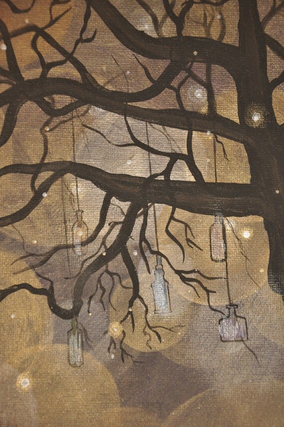 Old South Tree Painting with Bottles in Tree and Fireflies