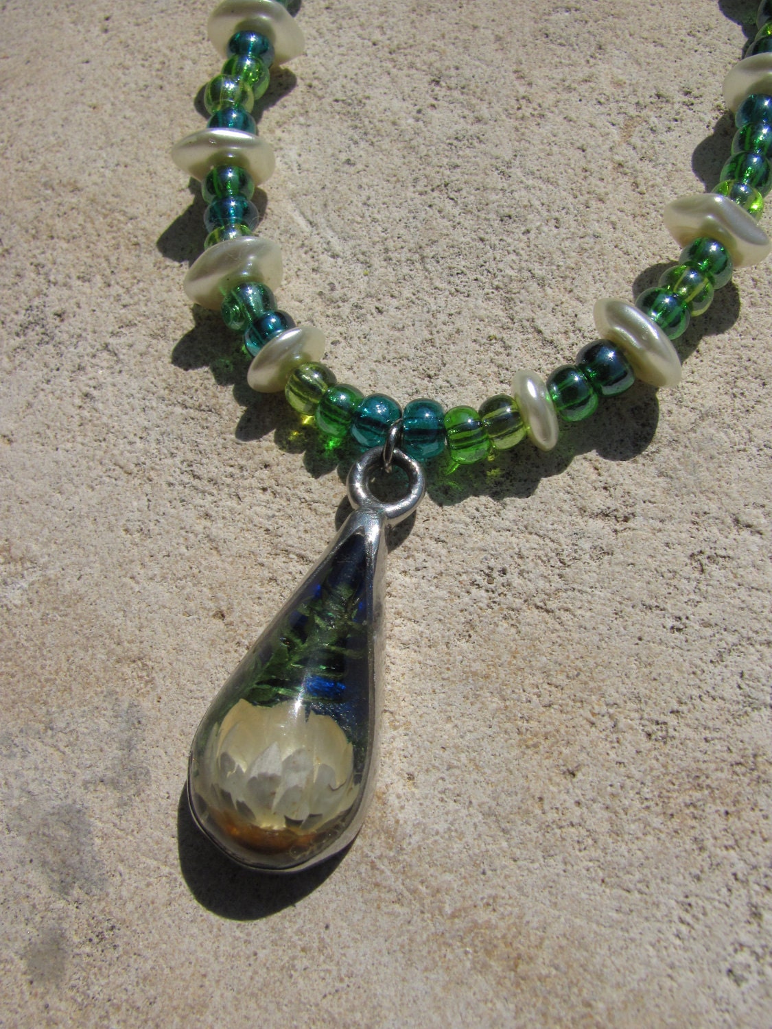 Resin Flower Necklace Real Pressed White Flower on Green Beads