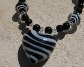 Zebra Necklace Glass Heart Pendant on Black Beads and Swarovski Crystals