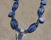 Turtle Necklace Lightning Bolt Symbol Ceramic Pendant on Blue Tear Drop, Round, and Striped Glass Beads