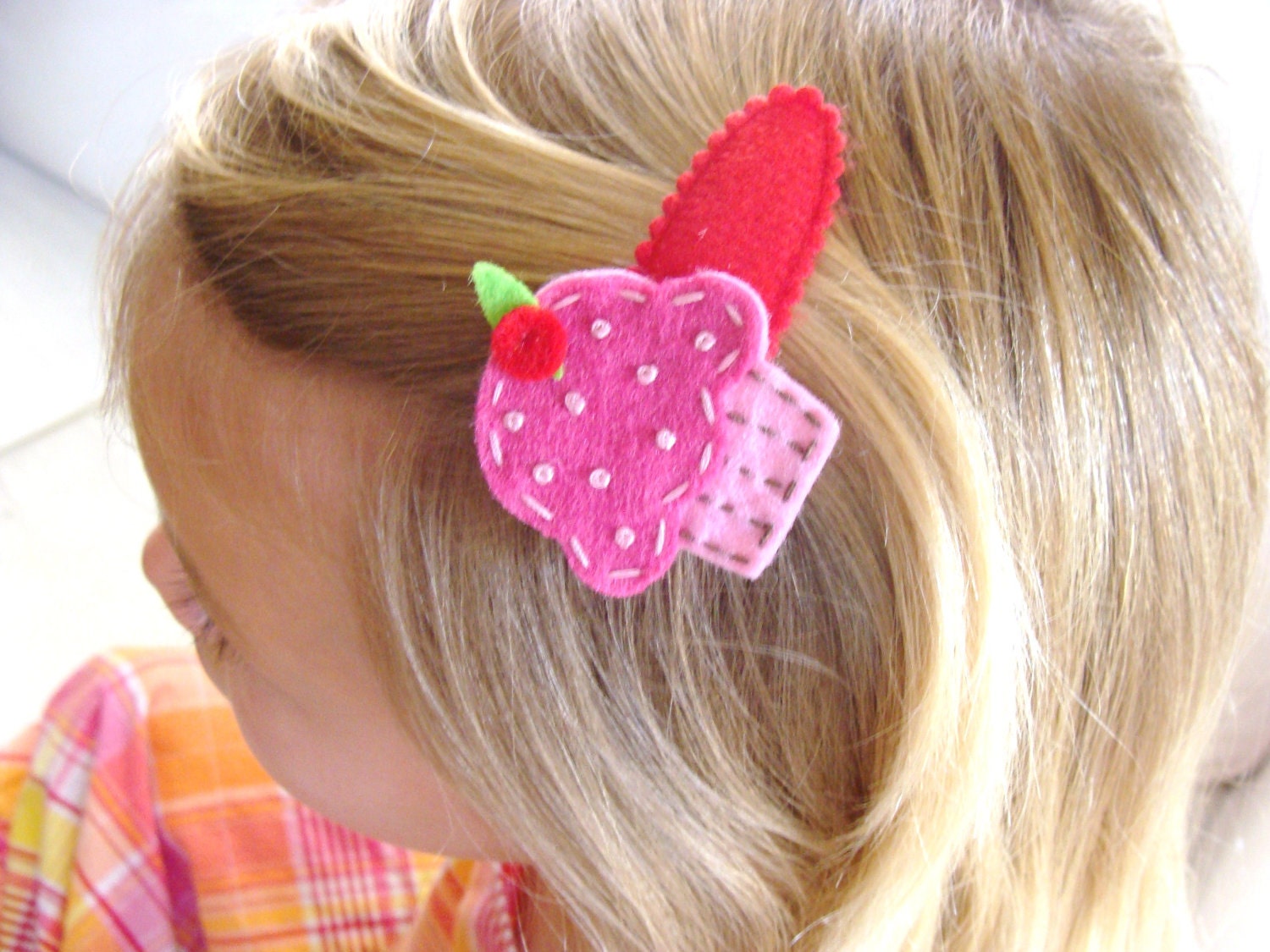 Felt Cupcake Hair Clip- Cupcake Hair Clippie- Snap Clip- Pink Cupcake - Infant, Toddler, Child, Teenager