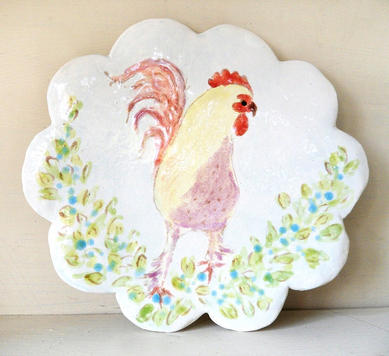 Barnyard Rooster with Blue and Green Flowers - Handmade Porcelain Plate
