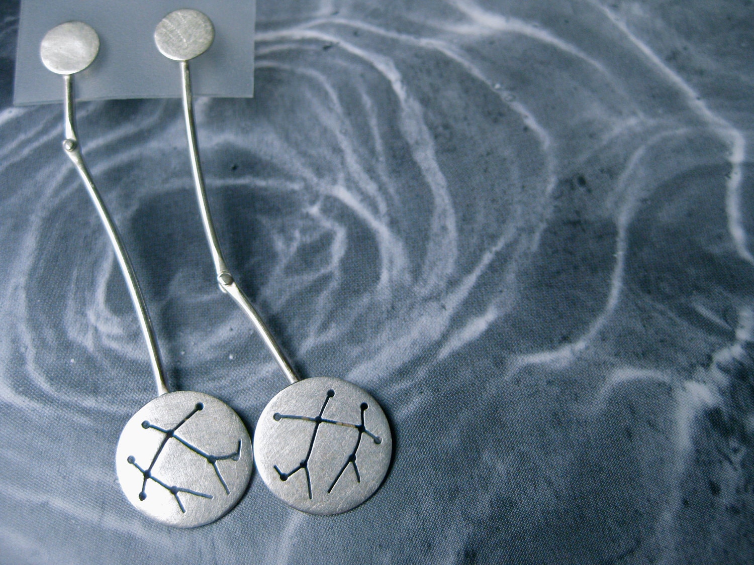 Gemini Zodiac Constellation Sterling Silver Riveted Earrings: Star Map Design
