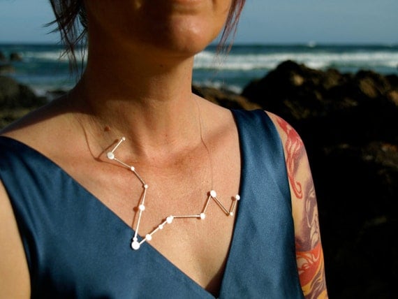 Pisces Zodiac Constellation Sterling Silver Necklace on Rubber Cord