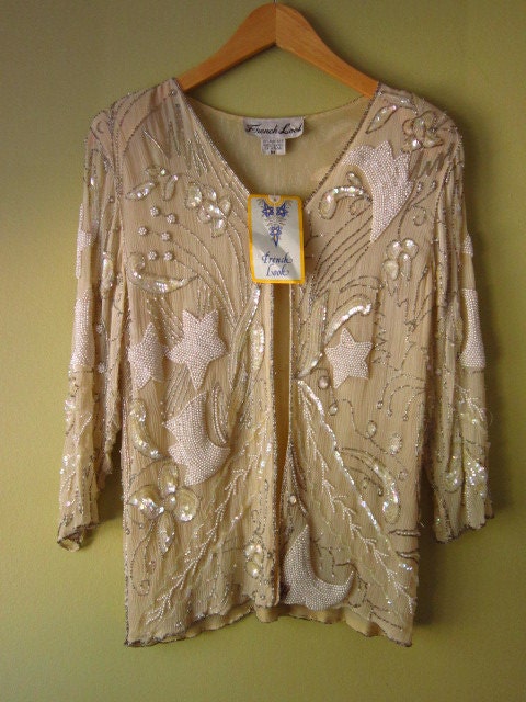 Vintage Hand Beaded Silk Evening Jacket in Beige Cream