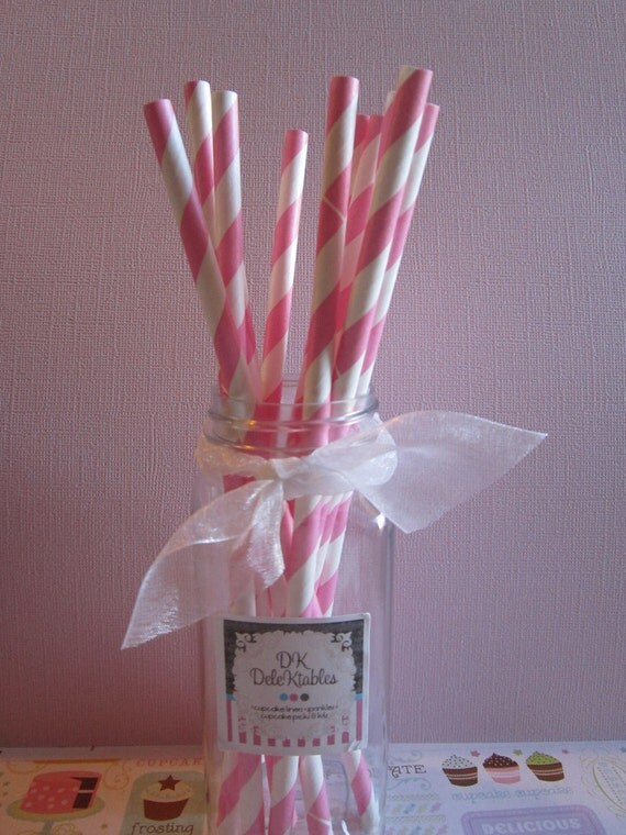25 Retro Vintage Striped Pink Paper Straws Il_570xn