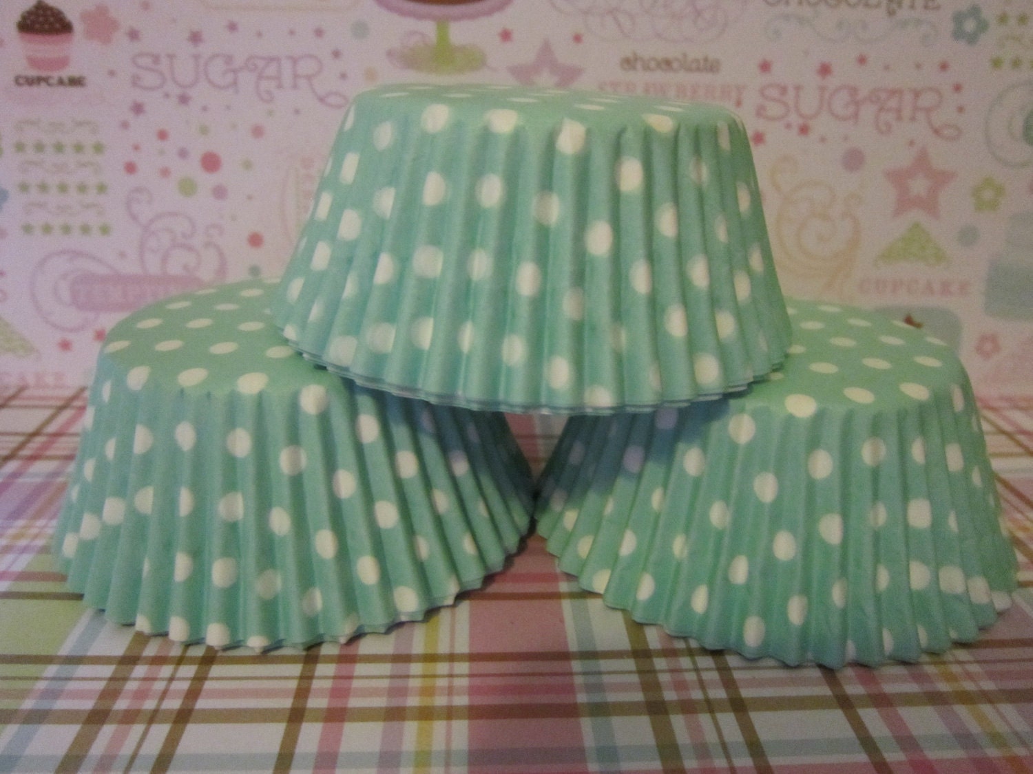 50 Light Green / Turquoise White Polka Dot Standard Cupcake Baking Liners Il_570xn