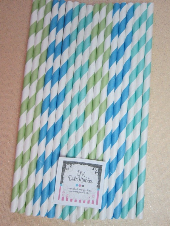 24 Caribbean Green Blue Ocean Whale Striped Retro Vintage Paper Drinking Straw Il_570xn