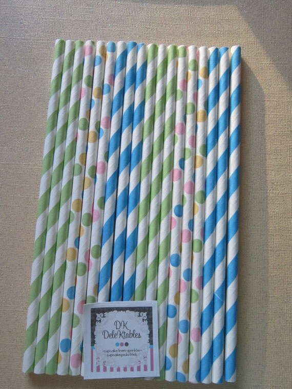 24 Green Confetti Blue Striped Retro Vintage Paper Drinking Straw Il_570xn