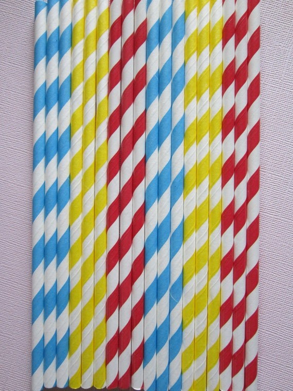 24 Red Yellow Blue Retro Vintage Paper Drinking Straws Il_570xn