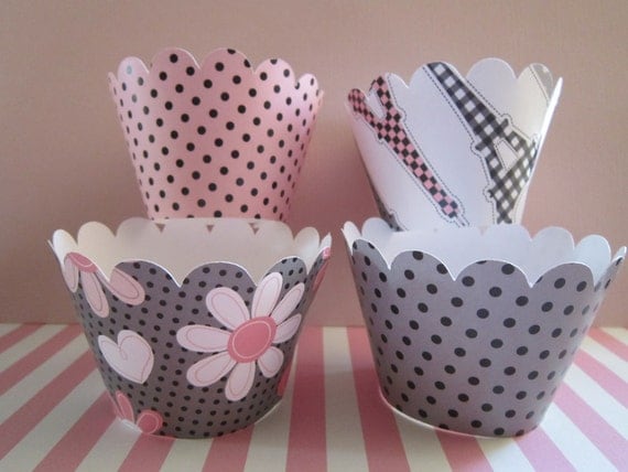 12 Pink Black & Gray Paris Flower Cupcake Wrappers Il_570xn