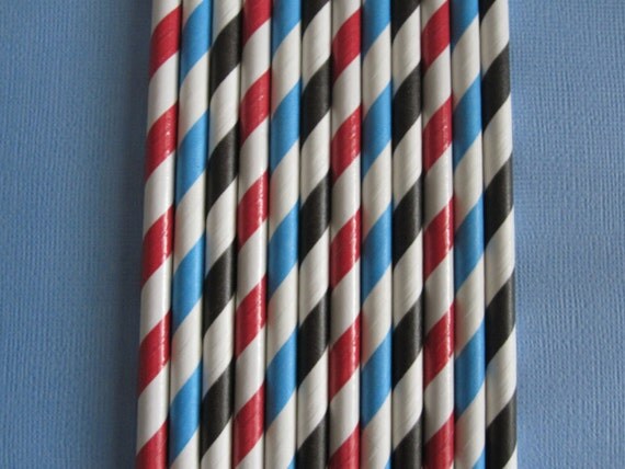 24 Red, Blue & Black Stripe Train Straws Il_570xn