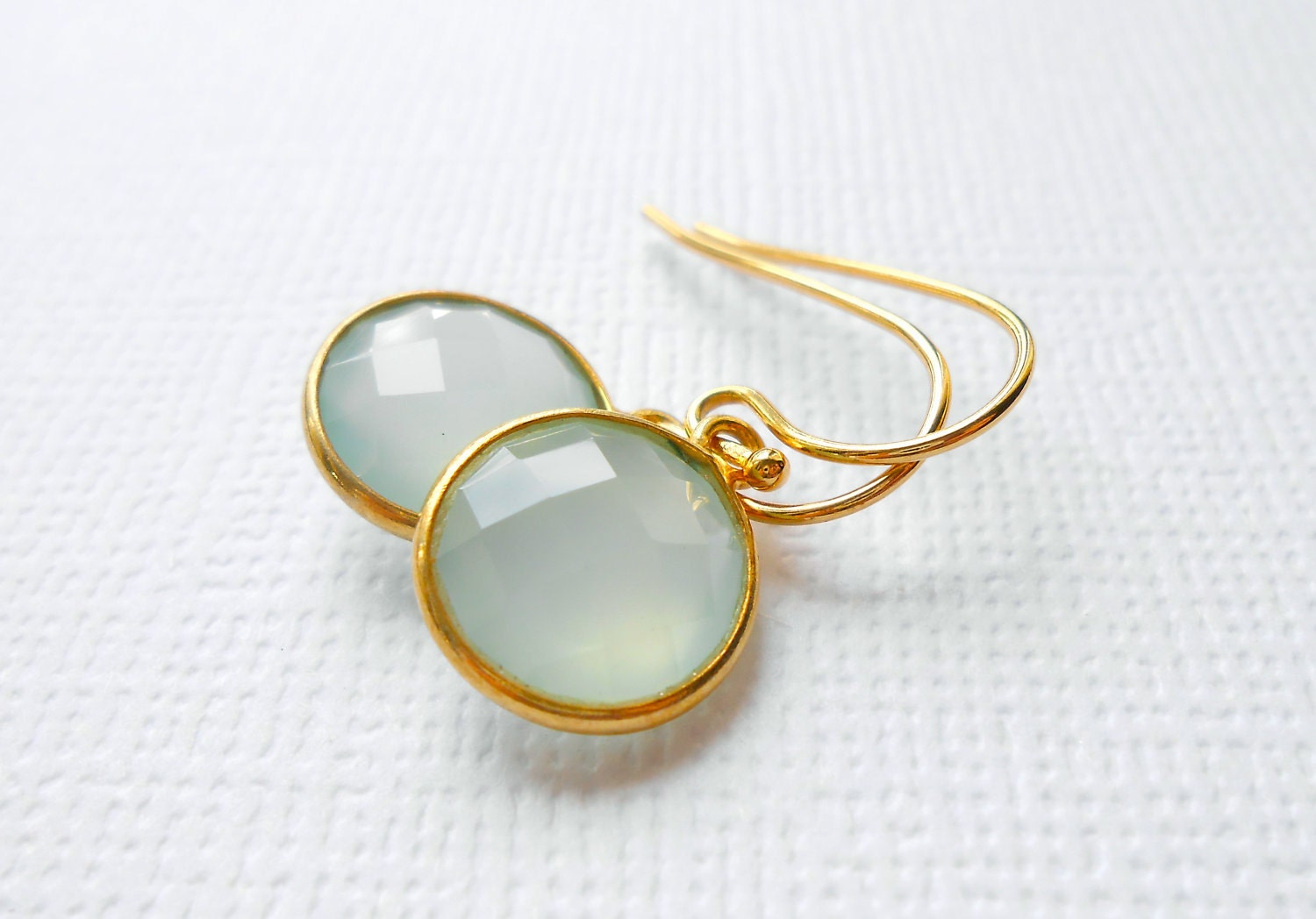 Aqua Chalcedony Earrings, Gemstones Bezel Set in Gold Vermeil, Round, Sea Foam Green Jewelry - Bridesmaids Set