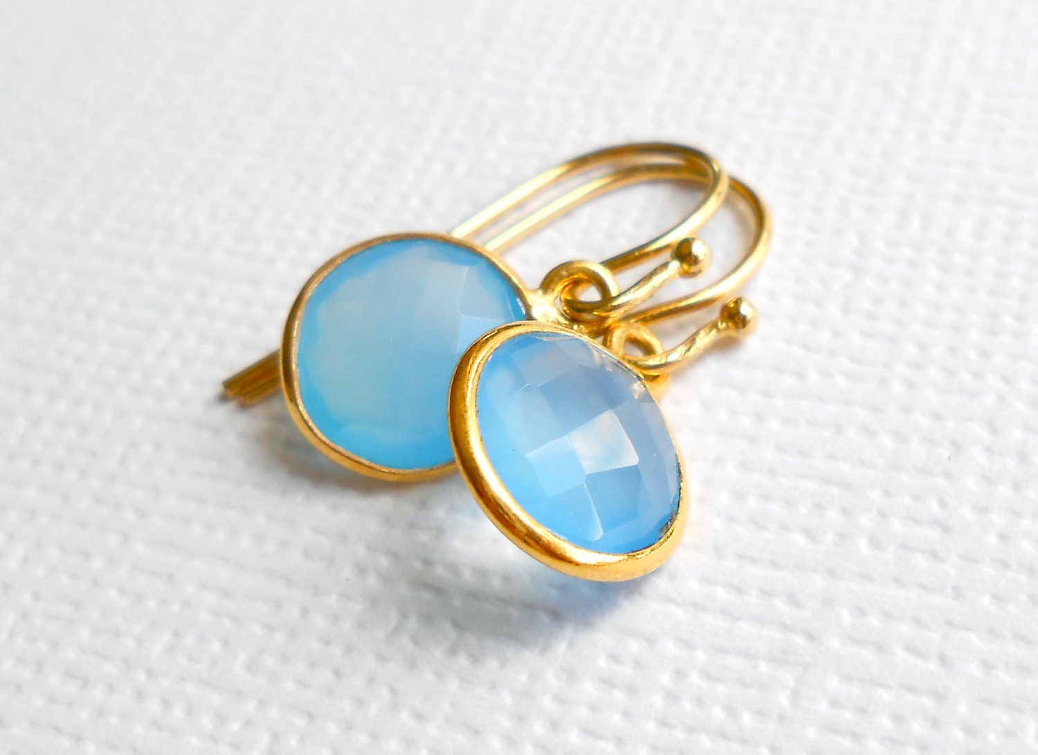 Blue Chalcedony Earrings Bezel Set in Gold Vermeil, Round Petite Gemstone Jewelry - Something Blue, Bridesmaid Set, ADPi