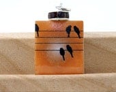 Scrabble Tile Pendant, Orange, Birds on Wire