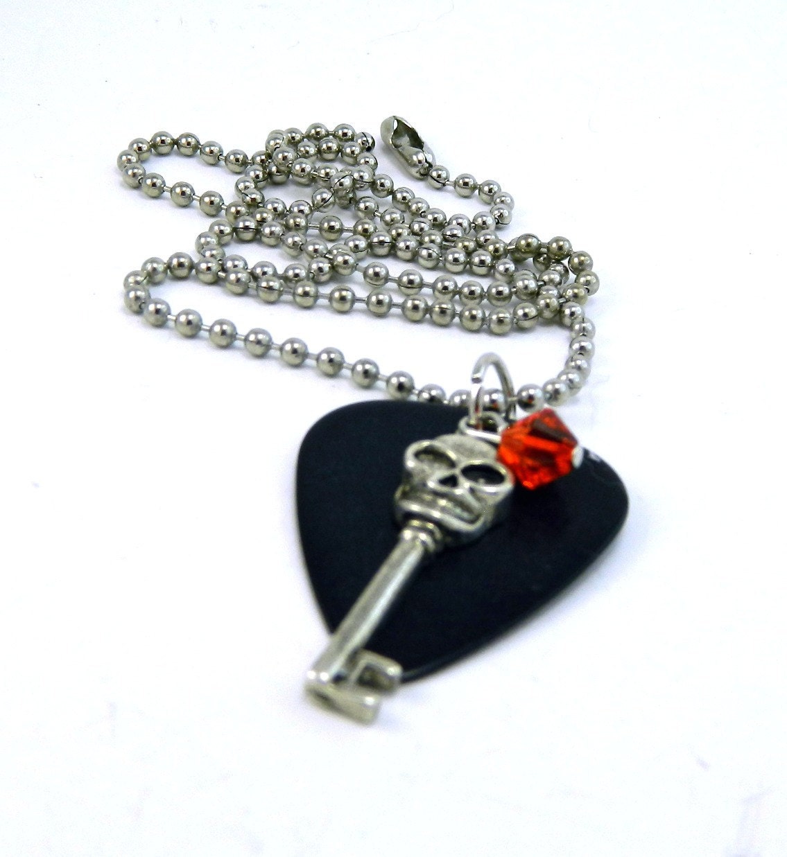 Necklace, Guitar Pick, Fender Black, Silver Skeleton Key Charm, Swavorski