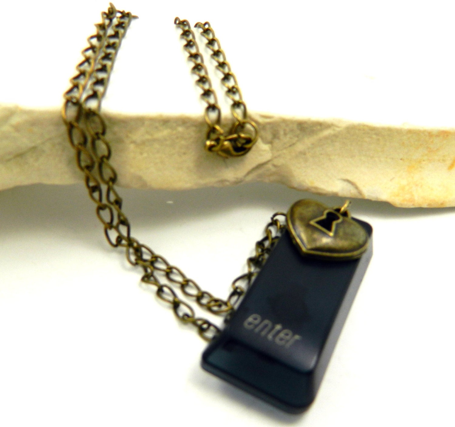 Recycled IMac Keyboard Computer Necklace, Enter Key,Bronze Heart Lock