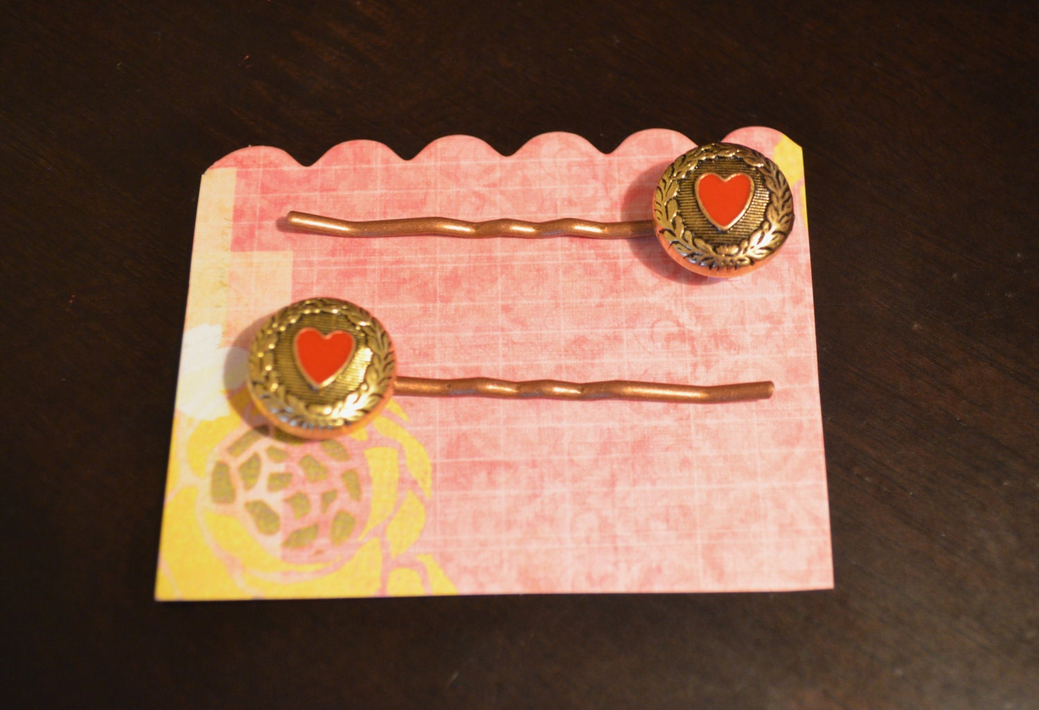 Gold Button Bobby Pins with Red Heart
