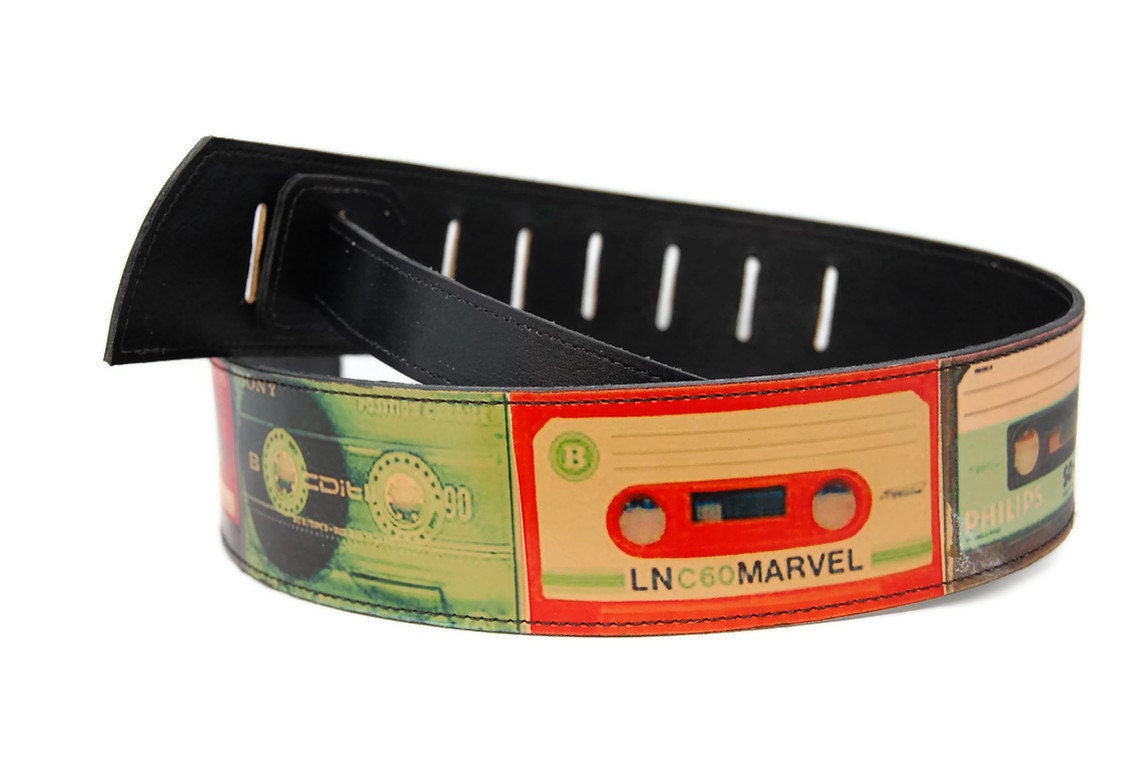 Guitar strap / Leather mens and women guitars strap / RETRO CASSETTES