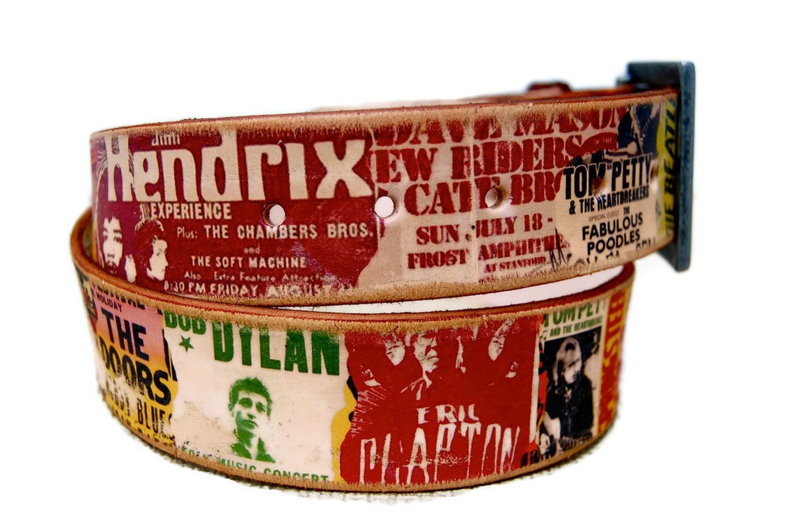 Brown leather belt - ROCK concert POSTERS collage / Unisex men and women belt