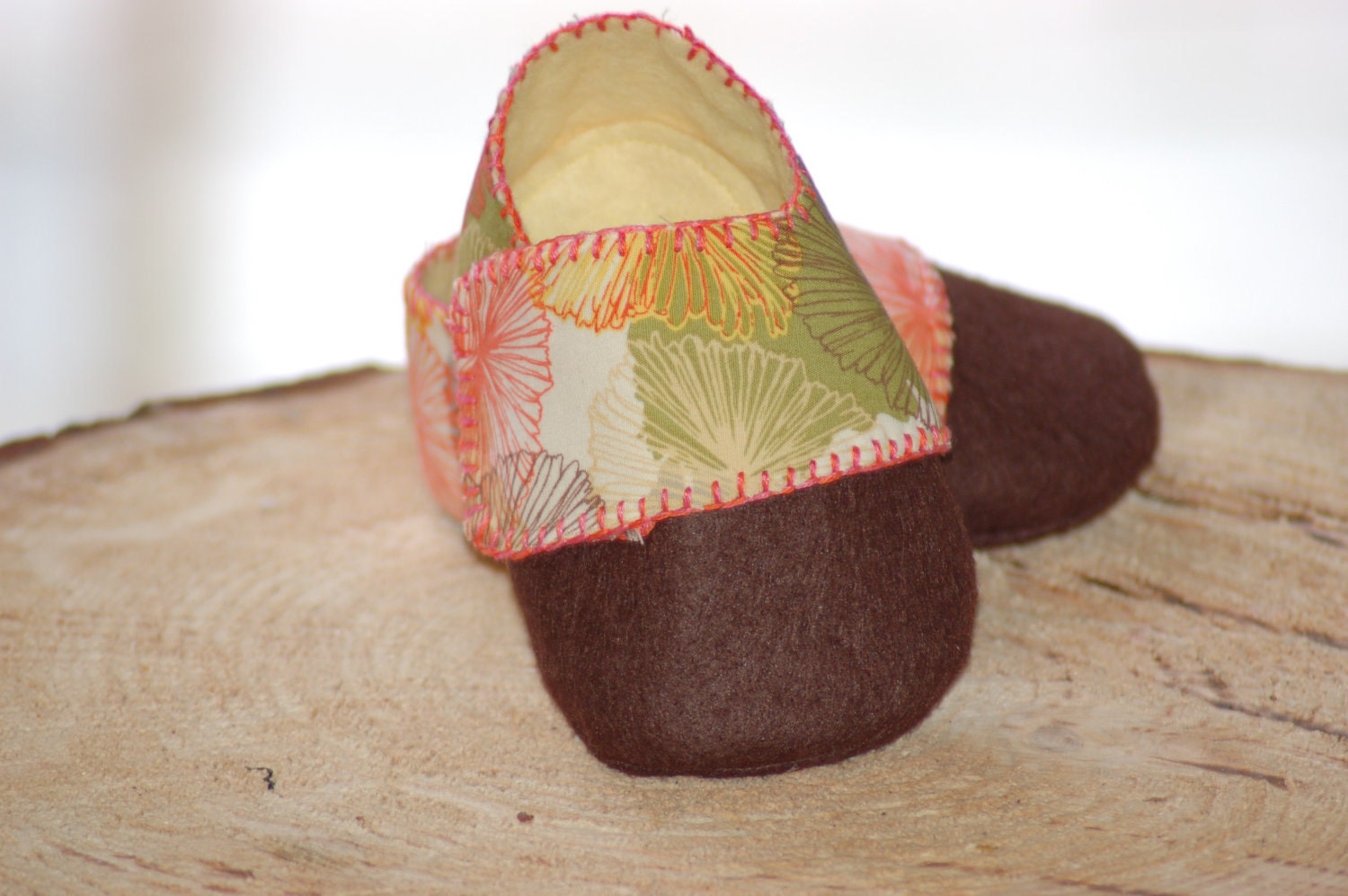 Brown wool felt baby shoes with cotton strap, coral, yellow, brown, green flowers