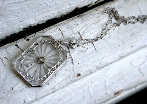 Great Vintage Diamond Camphor Glass Pendant in 14K White Gold with Original 16 inch chain