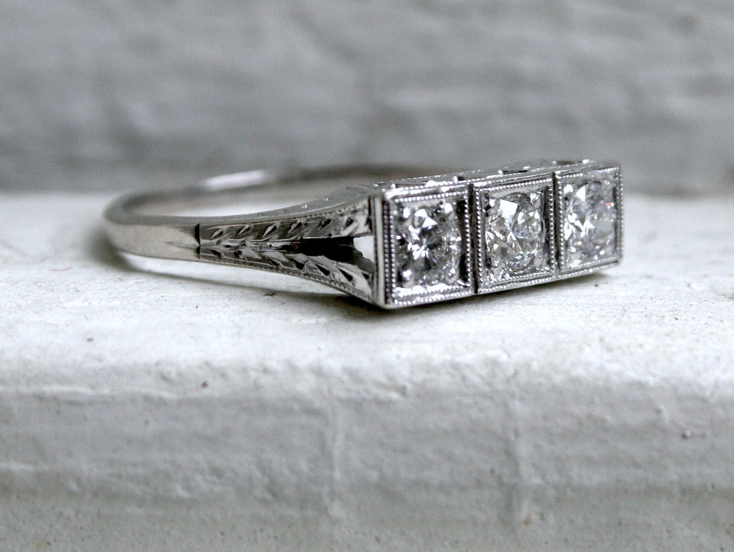 Vintage Split Shank Three Stone Diamond Platinum/14K White Gold Engagement Ring.
