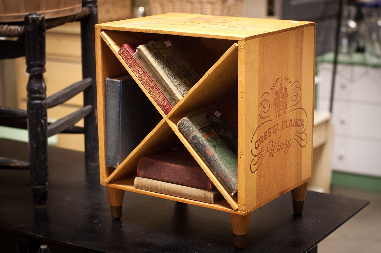 Wine Crate End Table - Wooden Nightstand Wine Box with Diagonal Shelves - Cresta Blanca Winery Bookcase - Wood Wine Rack