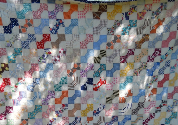 Price Reduced ... Large Vintage Patchwork Quilt Handmade with Feed Sack Fabrics