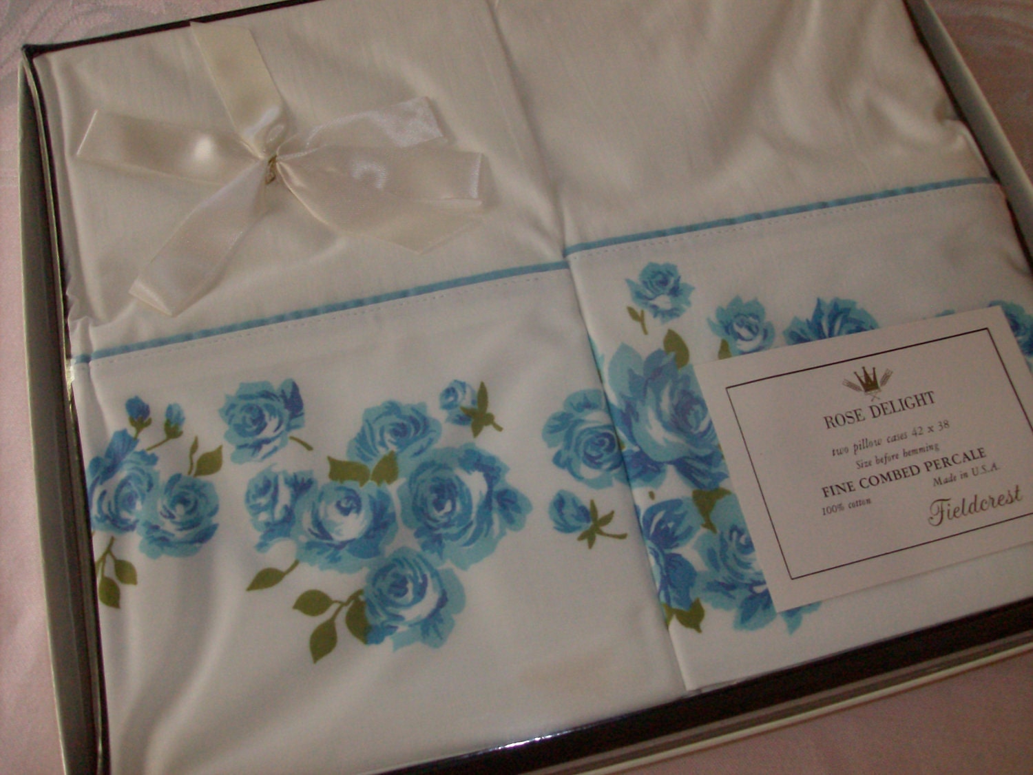 Sale....Vintage Pillowcases, Still in the Gift Box Vintage Pair with Blue Roses Reduced Price