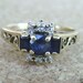 Vintage 14k gold Sapphire Ring with Diamonds, Antique gold ring with scroll detailed band