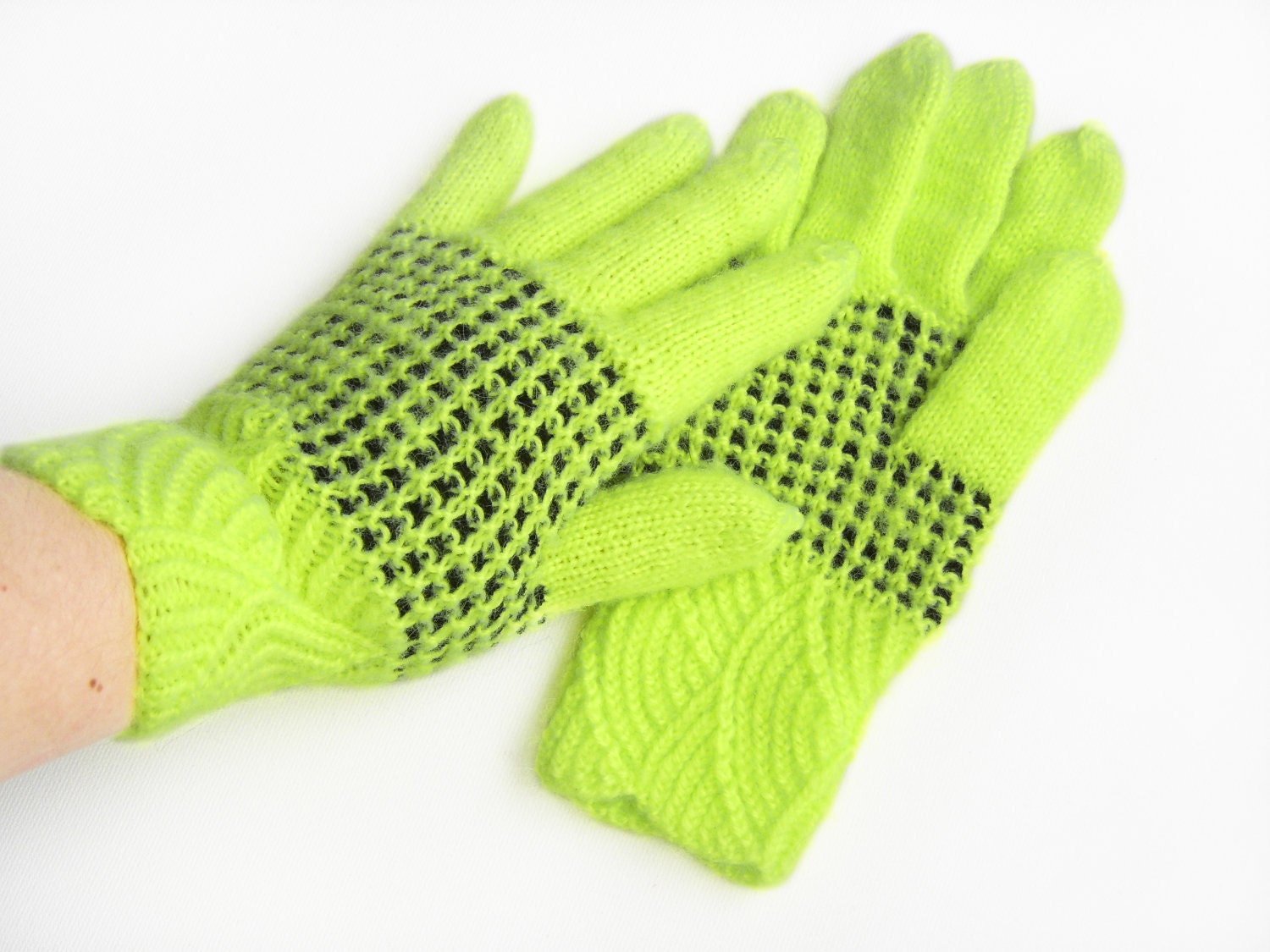 Hand Knitted Gloves - Neon Yellow and Black