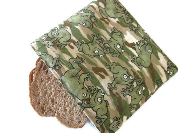 Reusable Sandwich Bag, snack baggie, camouflage, frogs