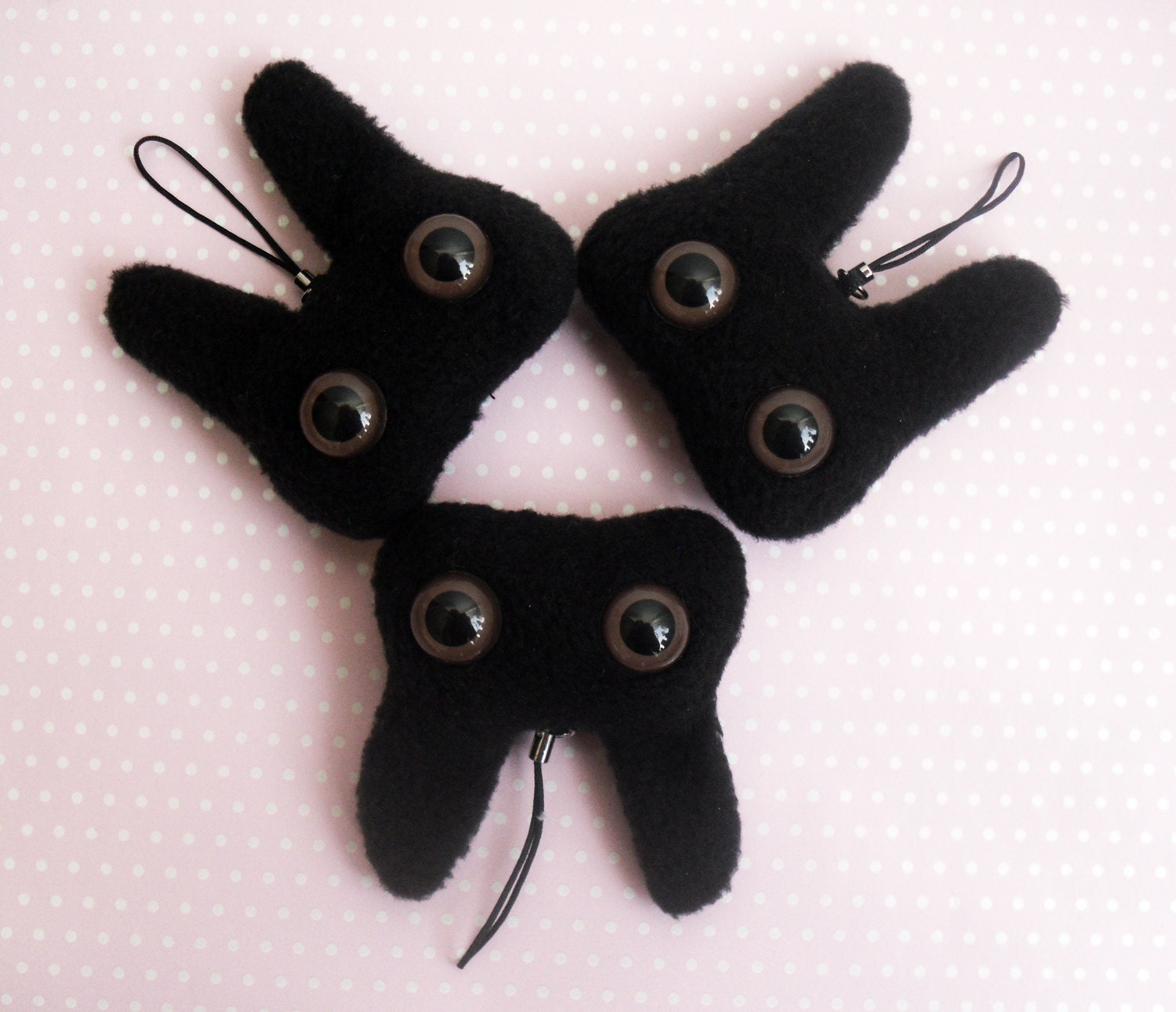 WABBITZ - Kawaii Plush Phone Charm Key Ring Accessory - Black with Brown Eyes