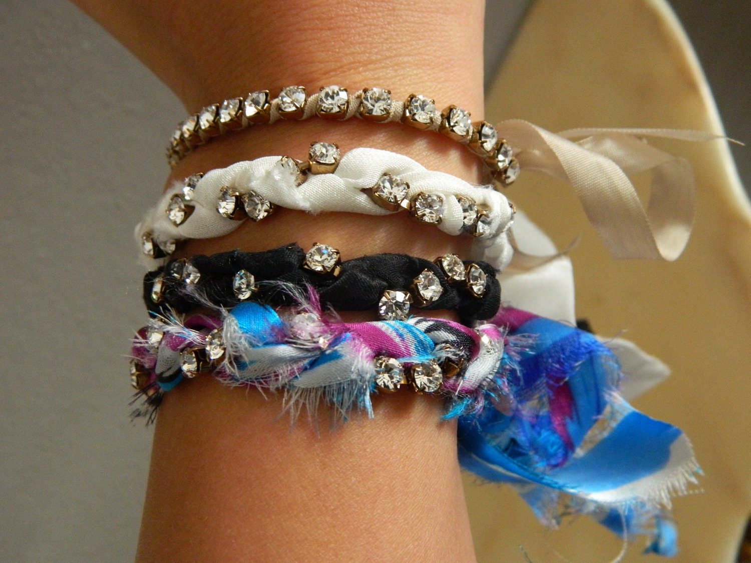 Set of 4 - Silk and Swarovski Friendship Bracelets