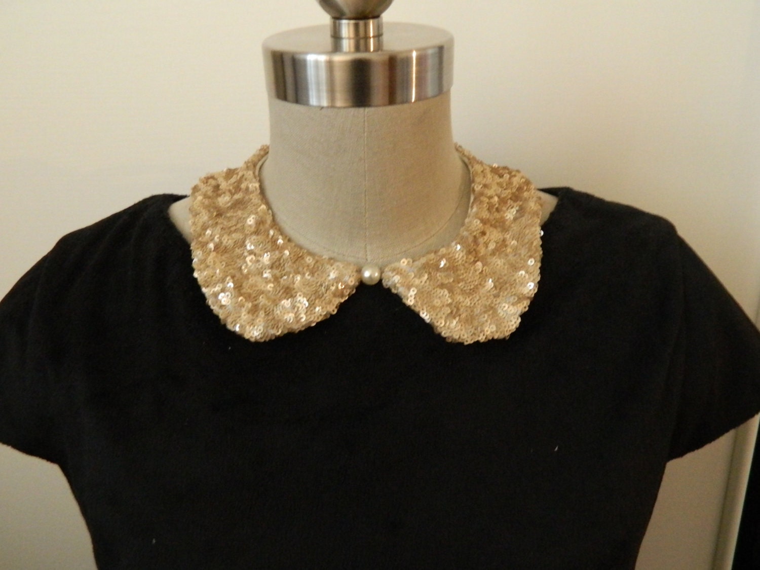 Gold Sequin Peter Pan Collar Necklace, 2 Sided with Pearl Embelishment of Adjustable Satin Bow Back Closure
