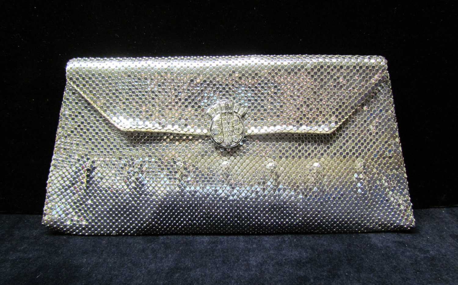 C.1930's Whiting and Davis silver mesh clutch, rhinestone clasp