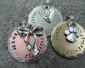 Pet Tag - Pet ID Tag - Dog Tag with Bow/Ribbon, Heart or Paw Print Charm in Nickel, Copper or Brass