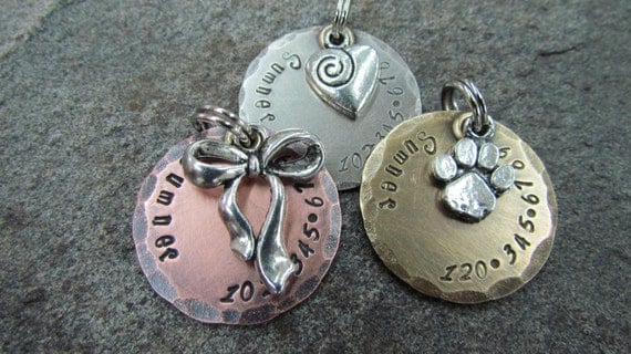 Pet Tag - Pet ID Tag - Dog Tag with Bow/Ribbon, Heart or Paw Print Charm in Nickel, Copper or Brass