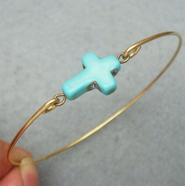 Classic Turquoise Cross Brass Bangle Bracelet