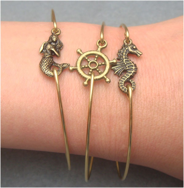 Mermaid Helm and Seahorse Brass Bangle 3 Bracelet Set