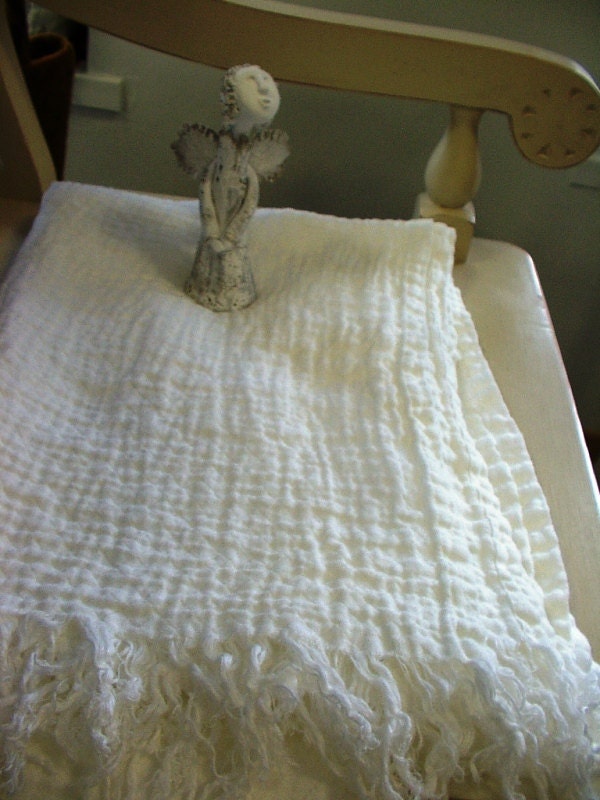 Linen Blanket WHITE MIST--Picnic Blanket--Vintagelook Throw--for Rustic or Beach Cottage Home Decor