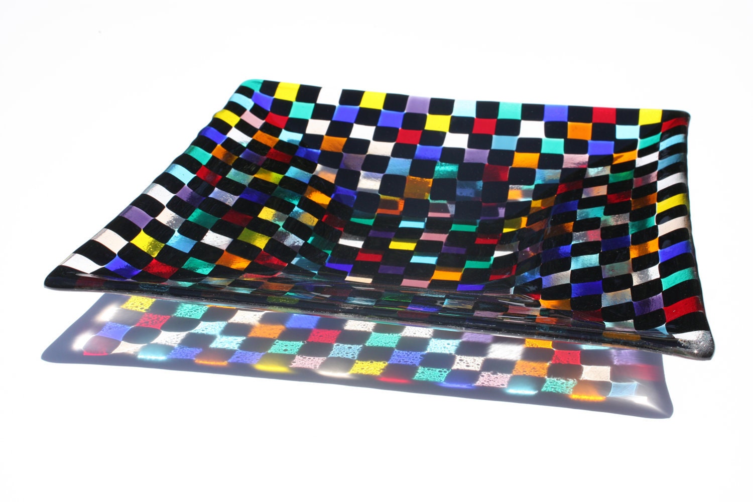 Art Glass Plate - Fused Glass, Tiny Black and Multicolored Squares