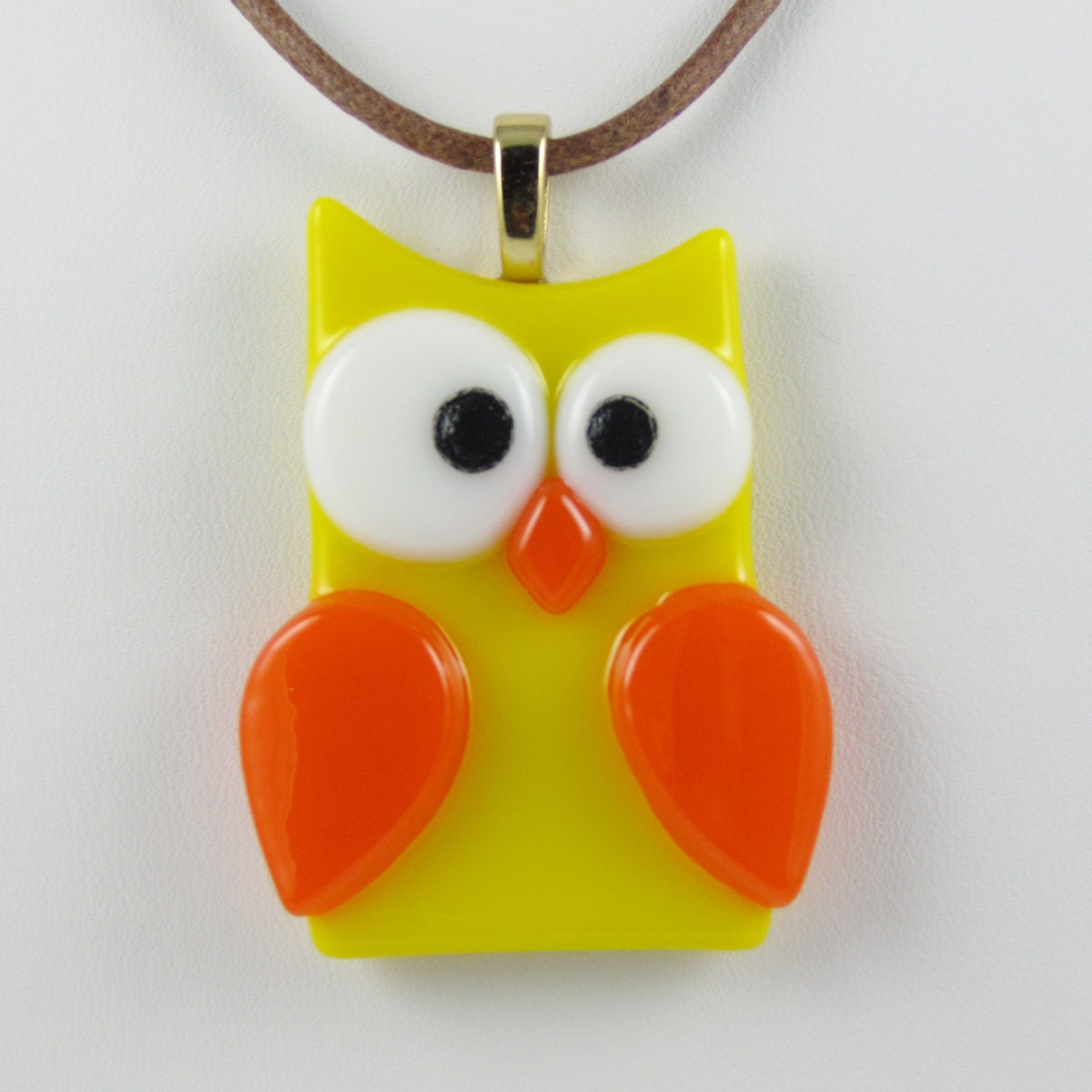 Glass Owl Pendant with Yellow and Orange Fused Glass (137)