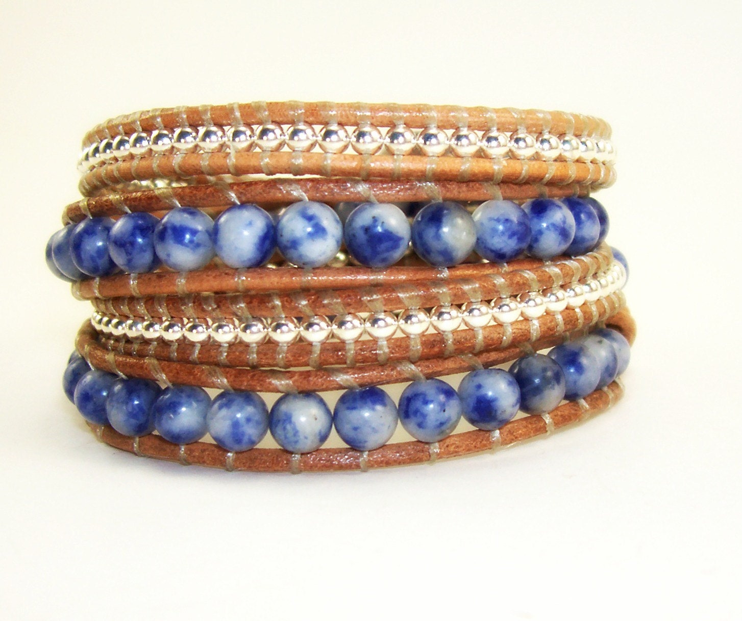Blue Sodalite Gemstones & Silver Leather Wrap Bracelet - 4x - Chan Luu Style on natural tan leather
