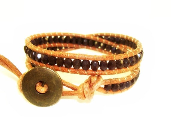 Wild Raisin Double Leather Wrap Bracelet - faceted czech glass on natural tan leather - Chan Luu Style - Made to Order