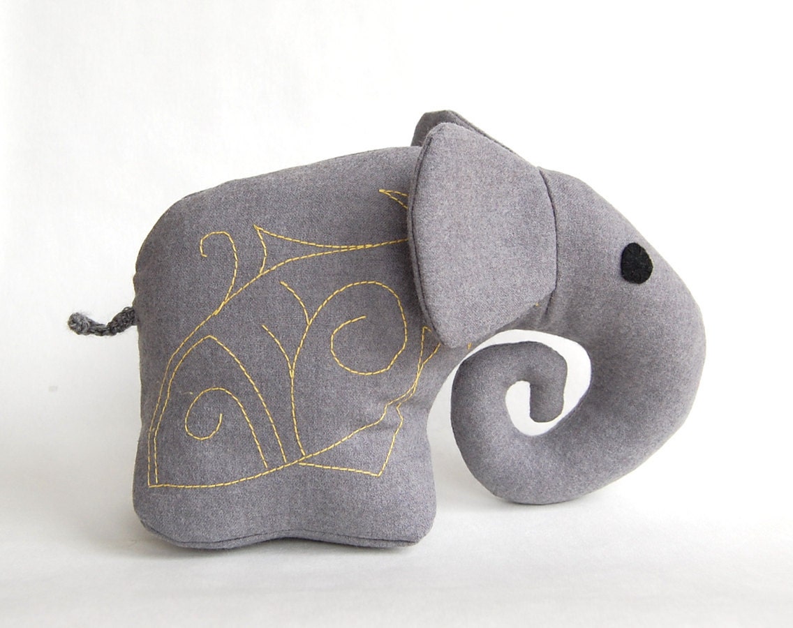 Gray Elephant Toy, soft wool geometric embroidery