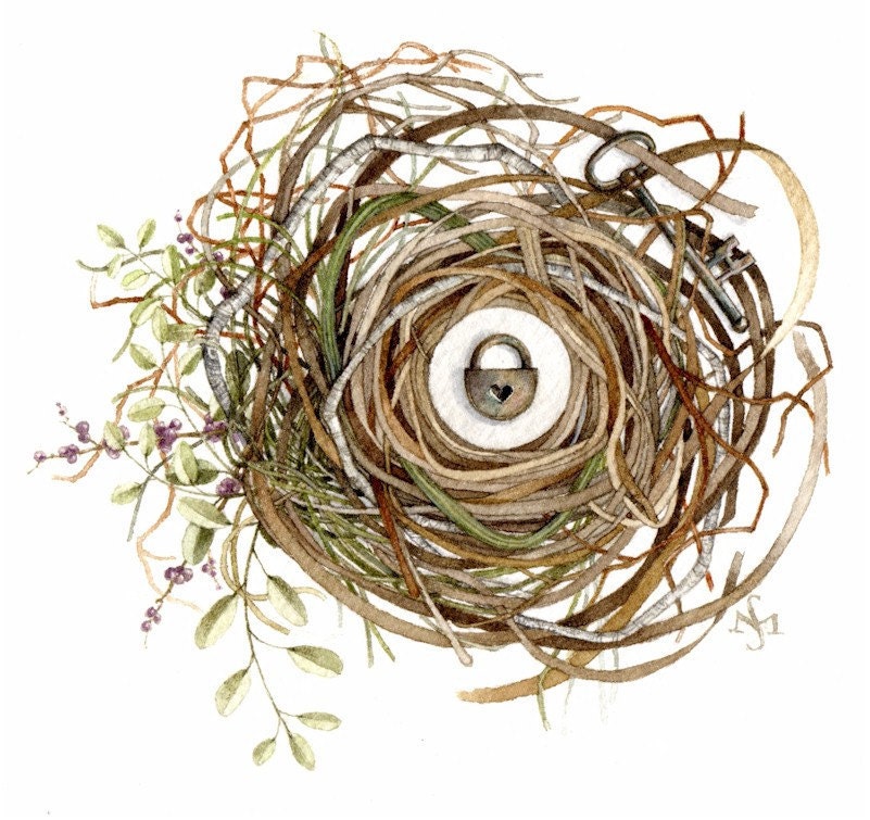 original watercolor painting nest lock and key OOAK
